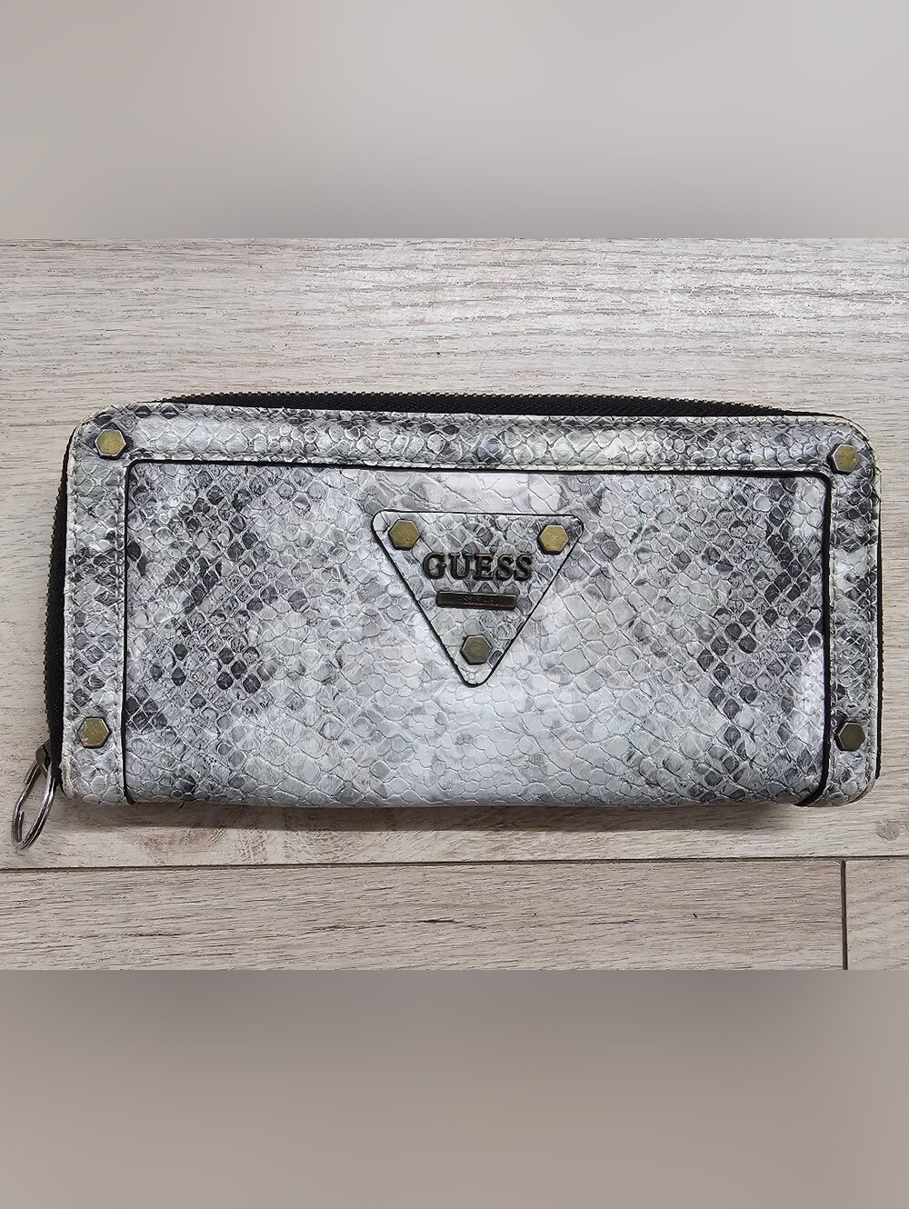Guess Snake-Print Zip Wallet in Gray and Black with Gold Accents